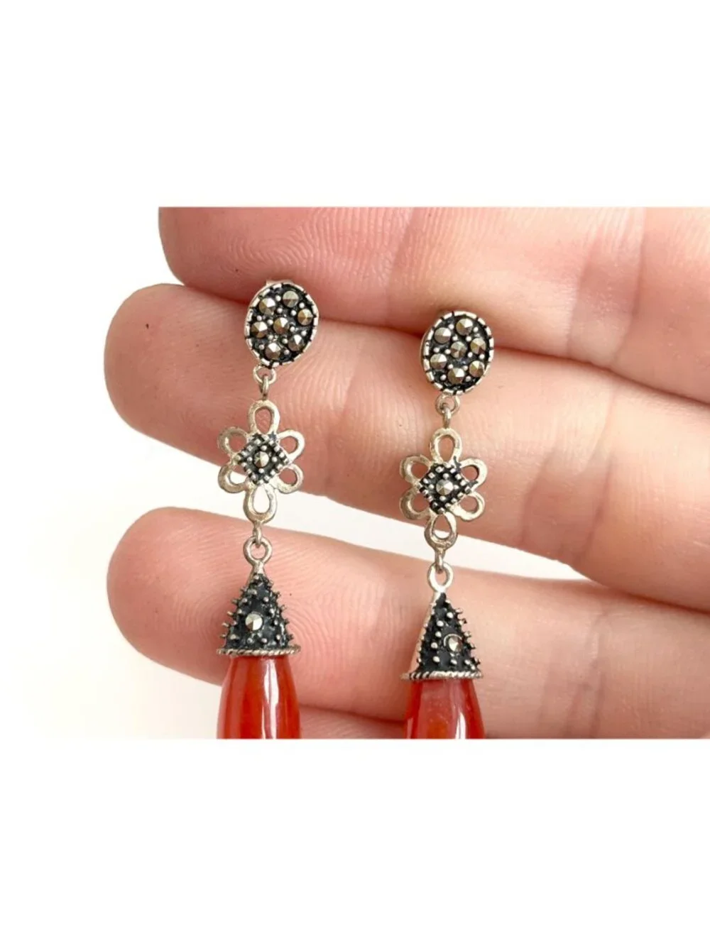Art Deco Red Coral & Marcasite Floral Teardrop Vintage Sterling Silver Earrings